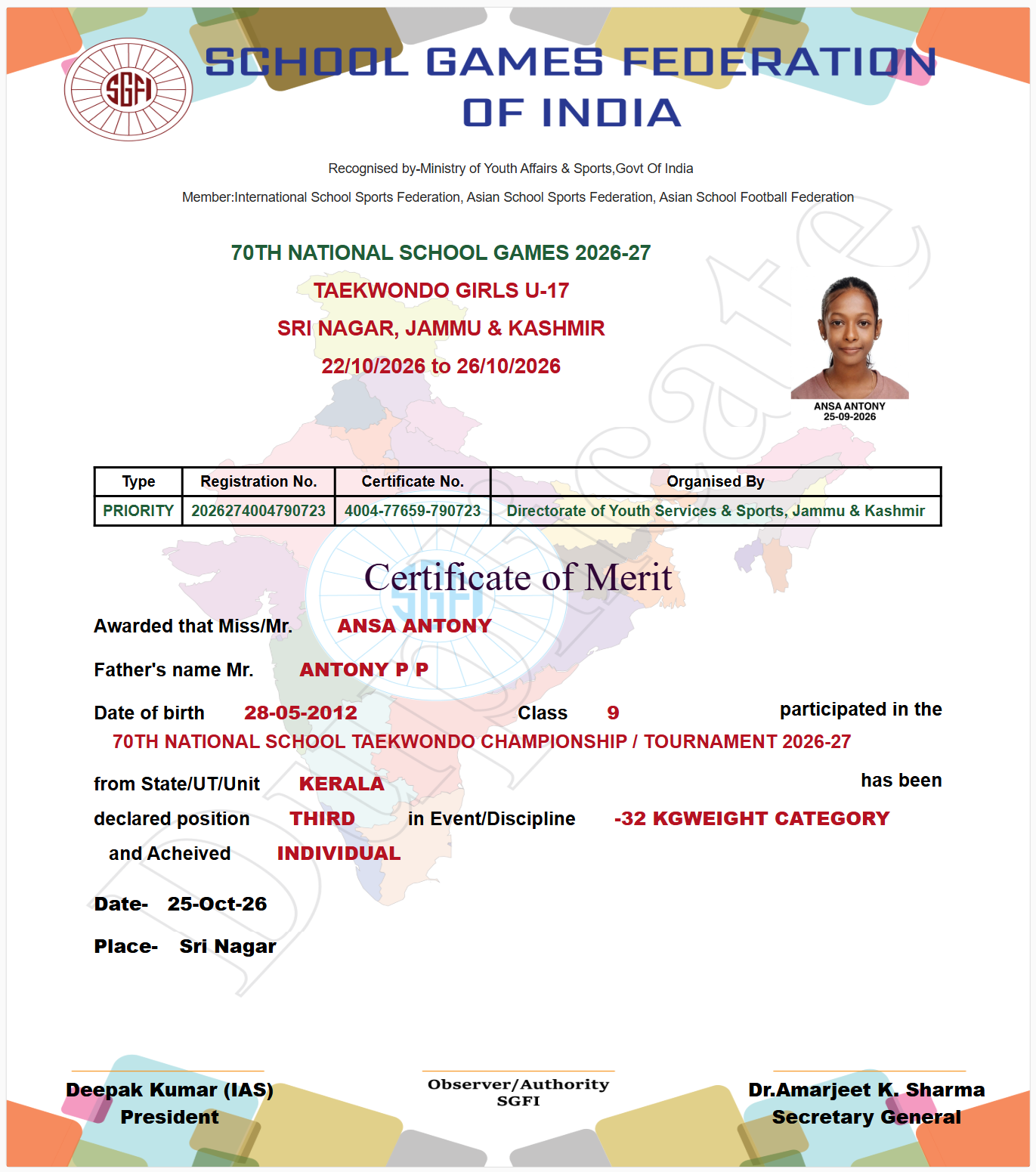 Ansa Antony Secures National Bronze Medal at 70th National School Taekwondo Championship Photo 1